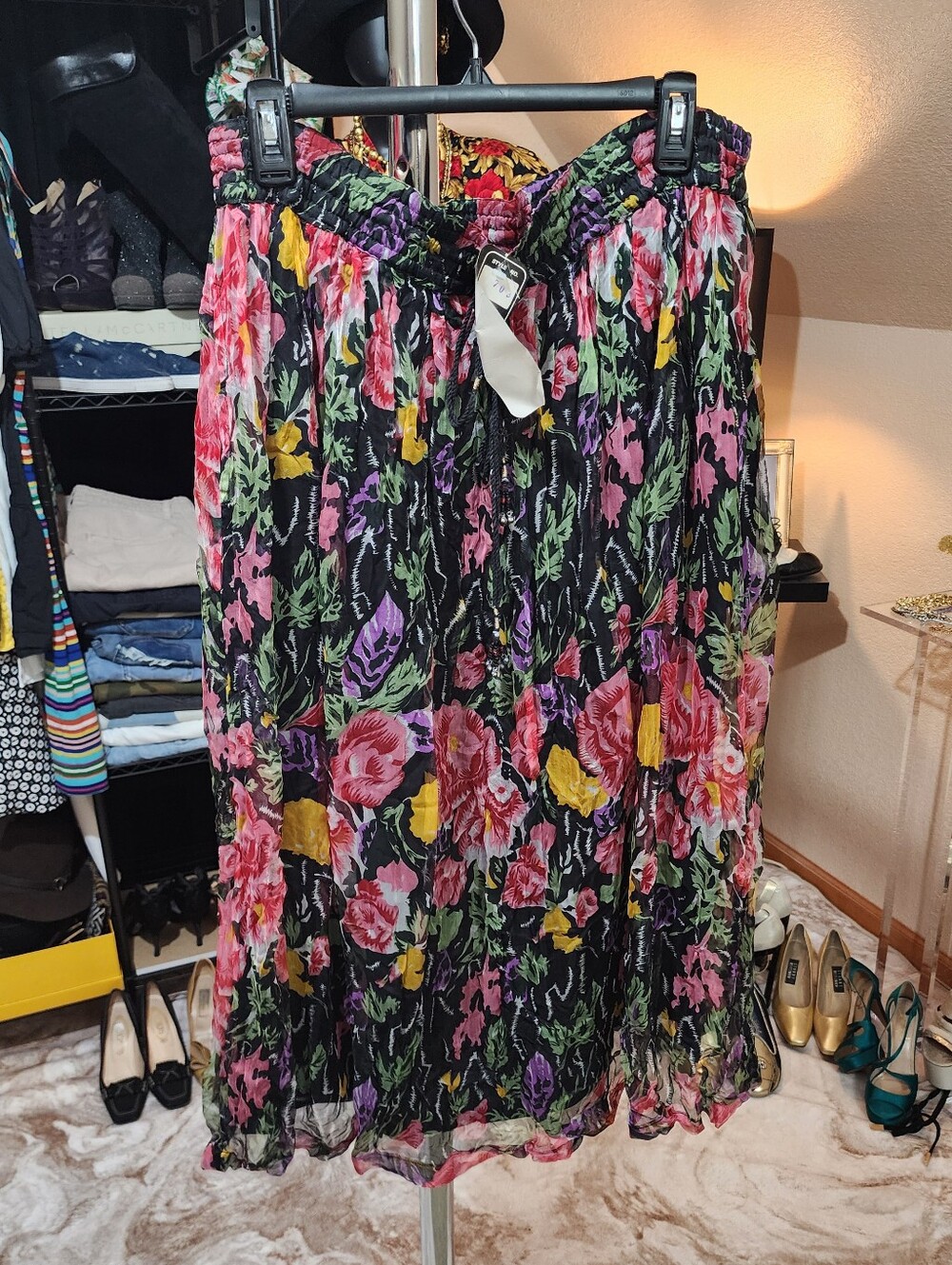 Vintage Black Floral Midi Skirt with Pink, Yellow and Purple Flowers